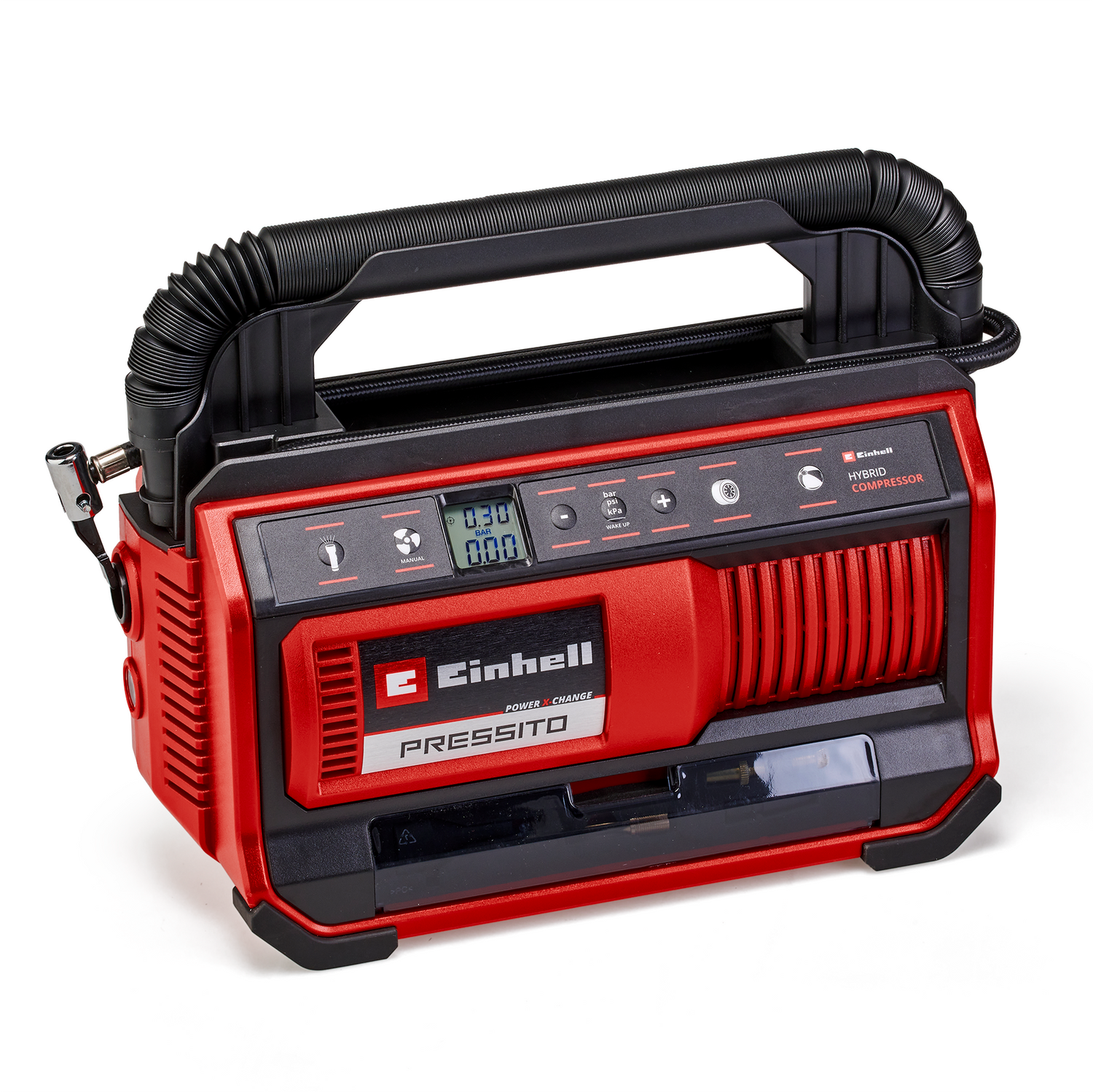 Compresor hibrid Einhell PRESSITO 18/25 Hybrid Power X-Change, 18 V, functionare cu cablu de alimentare sau acumulator, max. 11 bar, incl. 4 buc. set adaptor si 2 furtunuri, fara acumulator