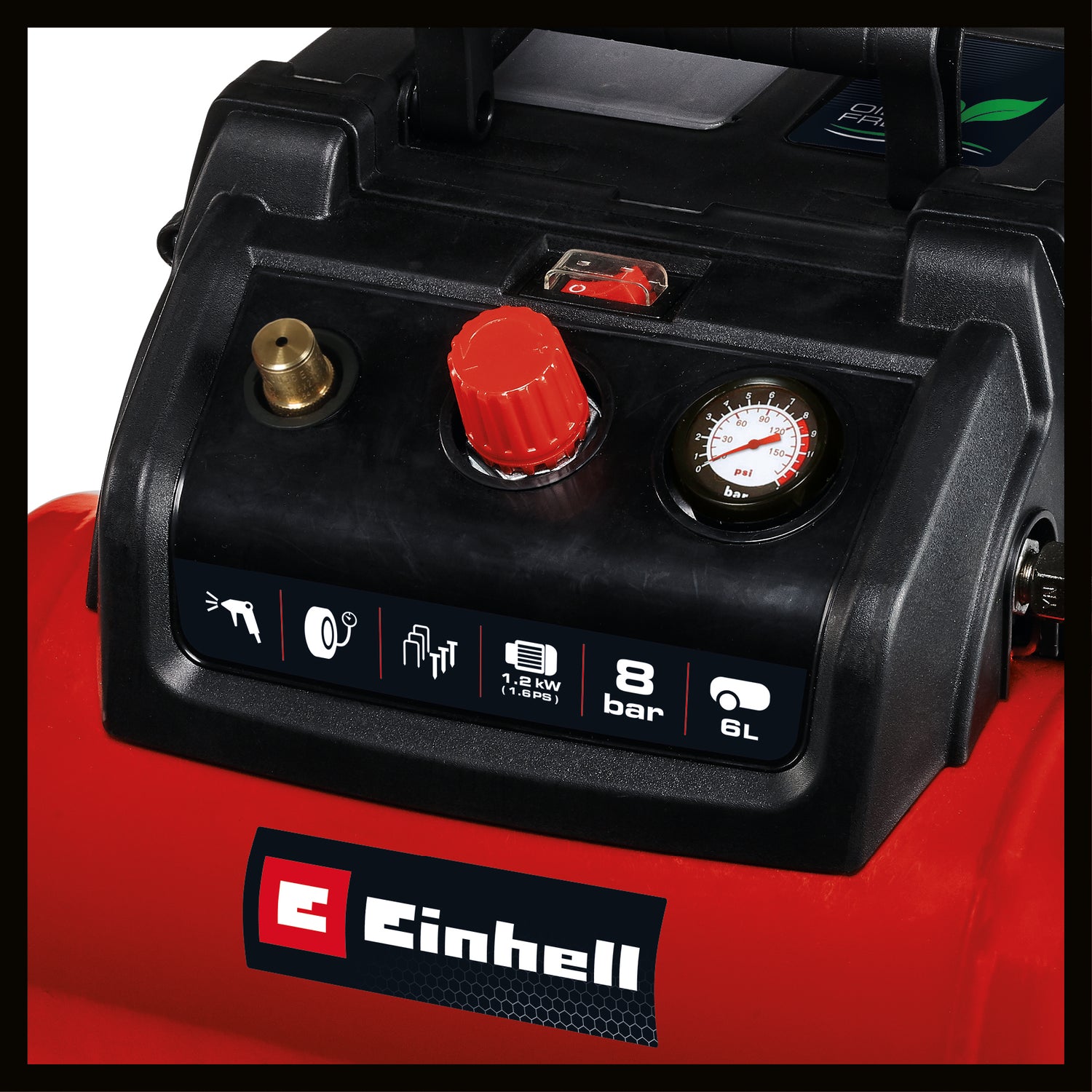 Compresor Einhell TC-AC 190/6/8 OF Set, 1200 W, max. 8 bar, rezervor de 6 L, capacitate de admisie 190 L/m, turatie motor 18000 rpm, regulator de presiune, manometru, fara ulei