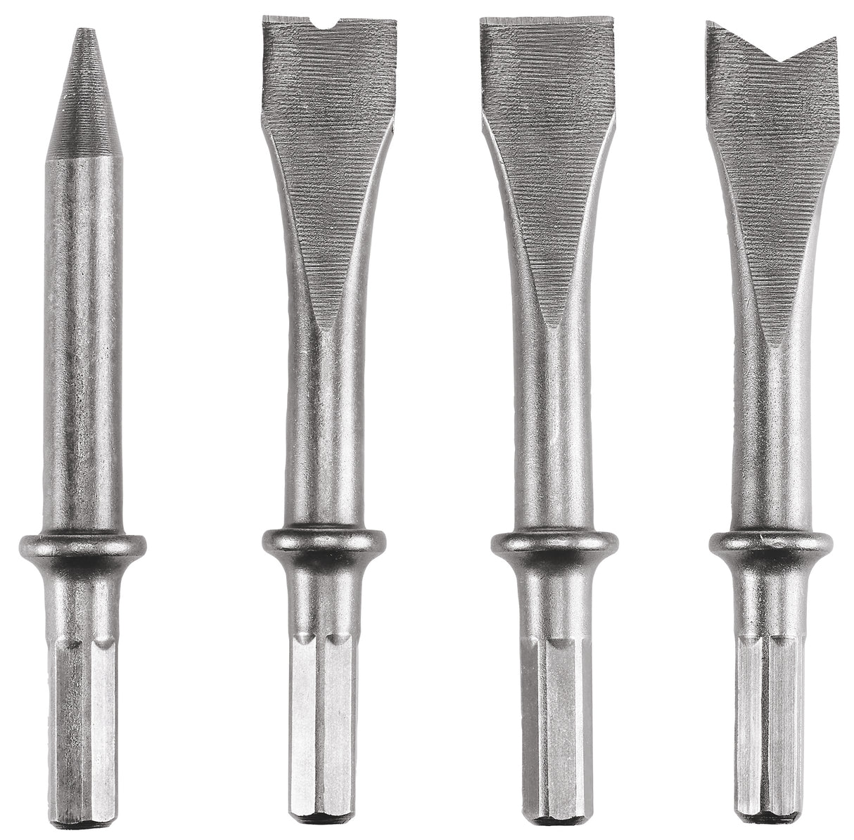 Set de dalta original Einhell din 4 piese (accesorii pentru ciocane dalta, otel, 120 mm, cu tija hexagonala, pentru ciocane dalta pneumatice precum TC-PC 45, incl. 3x dalte plate si 1x dalta ascutita)