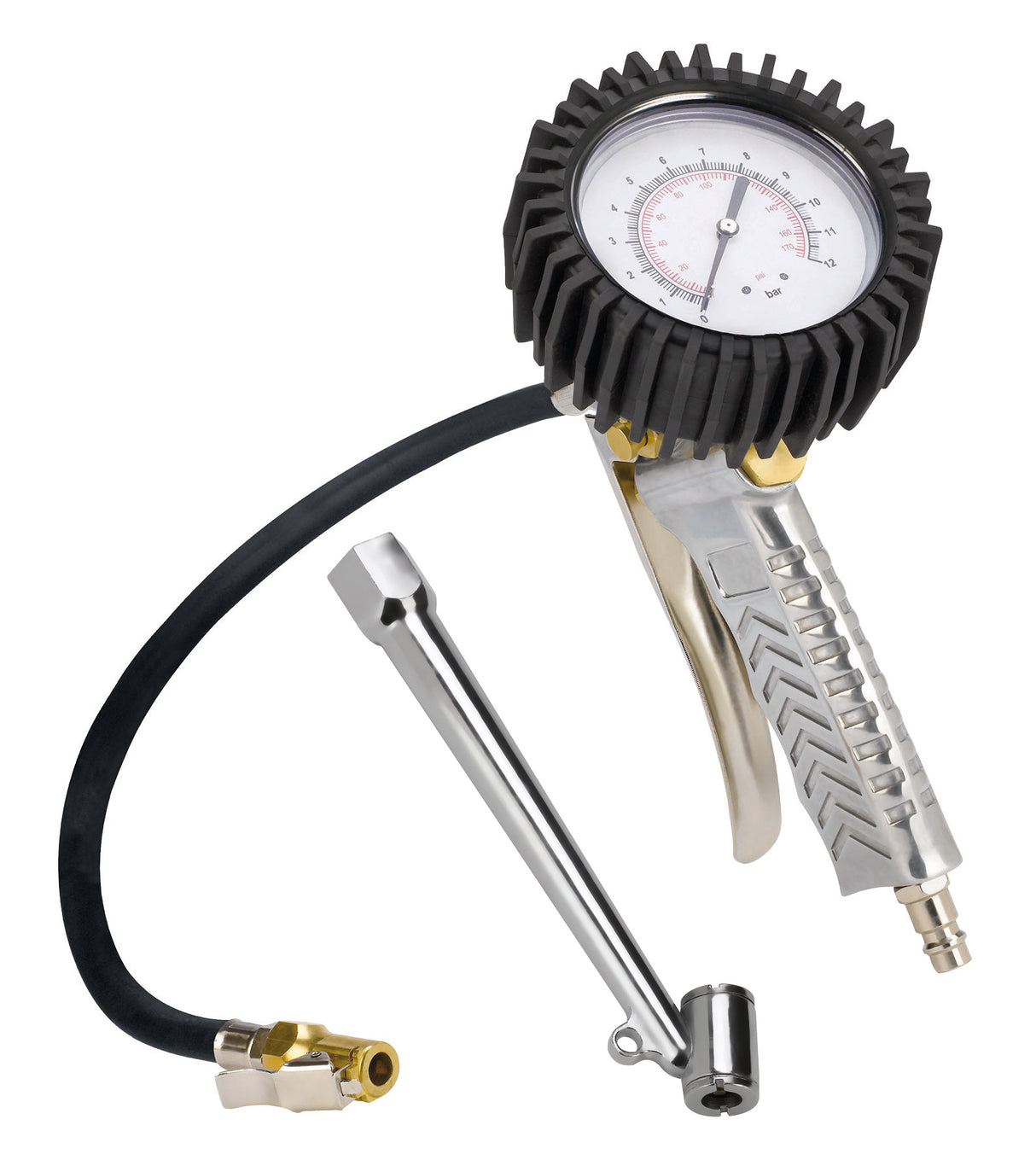 Manometru pentru mflarea anvelopelor, Einhell profesional, accesorii compresor, presiune de lucru 0 - 8 bar, supapa de eliberare, adaptor de umflare a anvelopelor cu dopuri duble, furtun de 44 cm