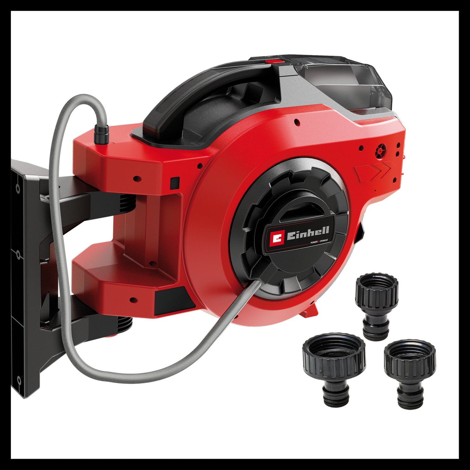 Tambur de furtun pe acumulator Einhell GE-HR 18/30 WH Li-Solo (18 V, infasurare automata a furtunului, rotire la 180°, suport de perete, furtun de conectare de 1,5 m, fara acumulator si furtun