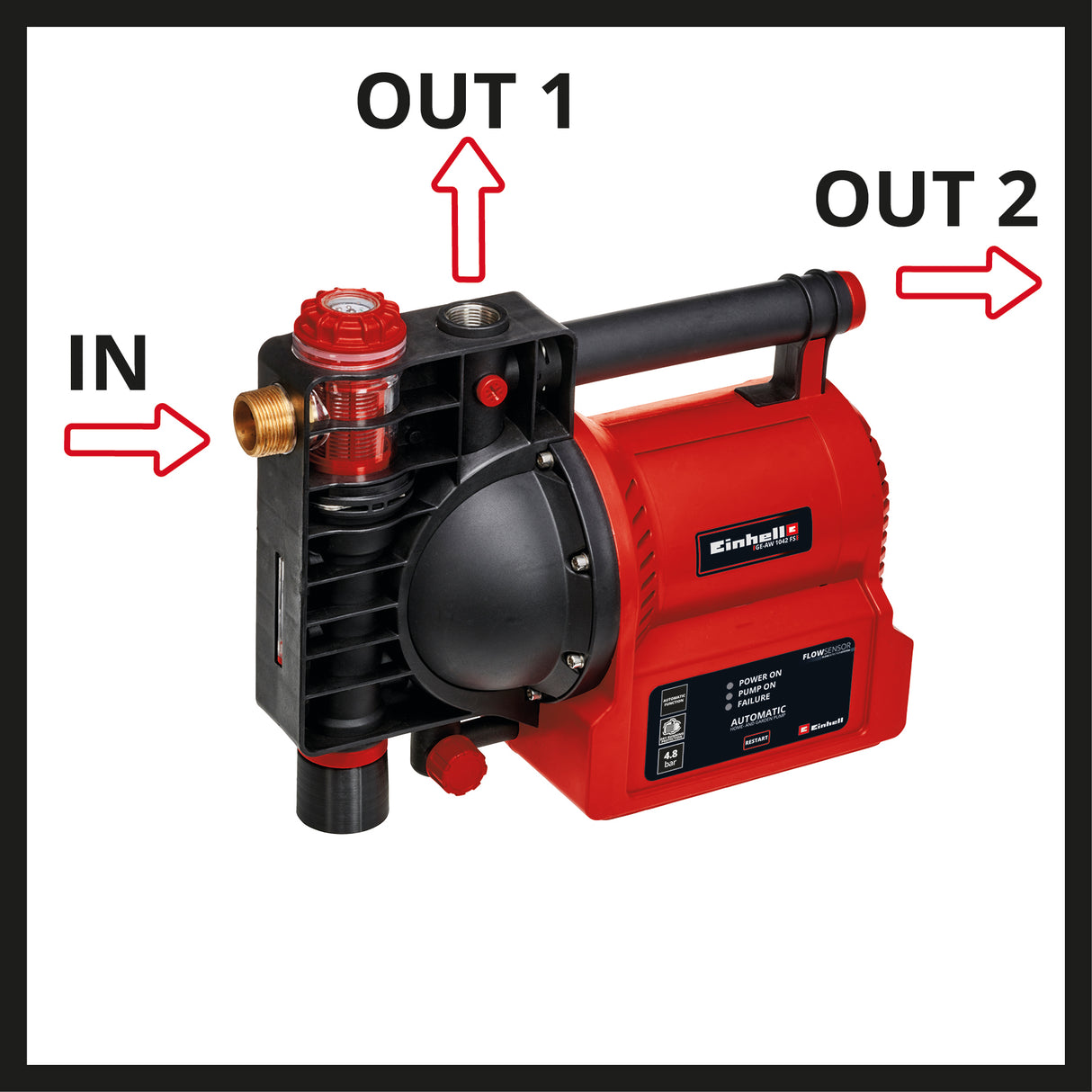 Hidrofor apa menajera Einhell GE-AW 1042 FS, 1.050 W, indicator umplere cu apa/murdarie/aspiratie, protectie la mers fara apa, protectie la oparire/termostatica, supapa de sens unic