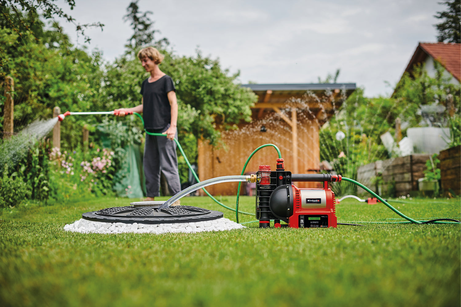 Pompa de apa menajera Einhell GE-AW 1246 N FS, 1.200 wati, indicator nivel apa, indicator murdarie/aspiratie, protectie la mers fara apa, protectie la oparire, prefiltru cu supapa de sens, senzor de debit