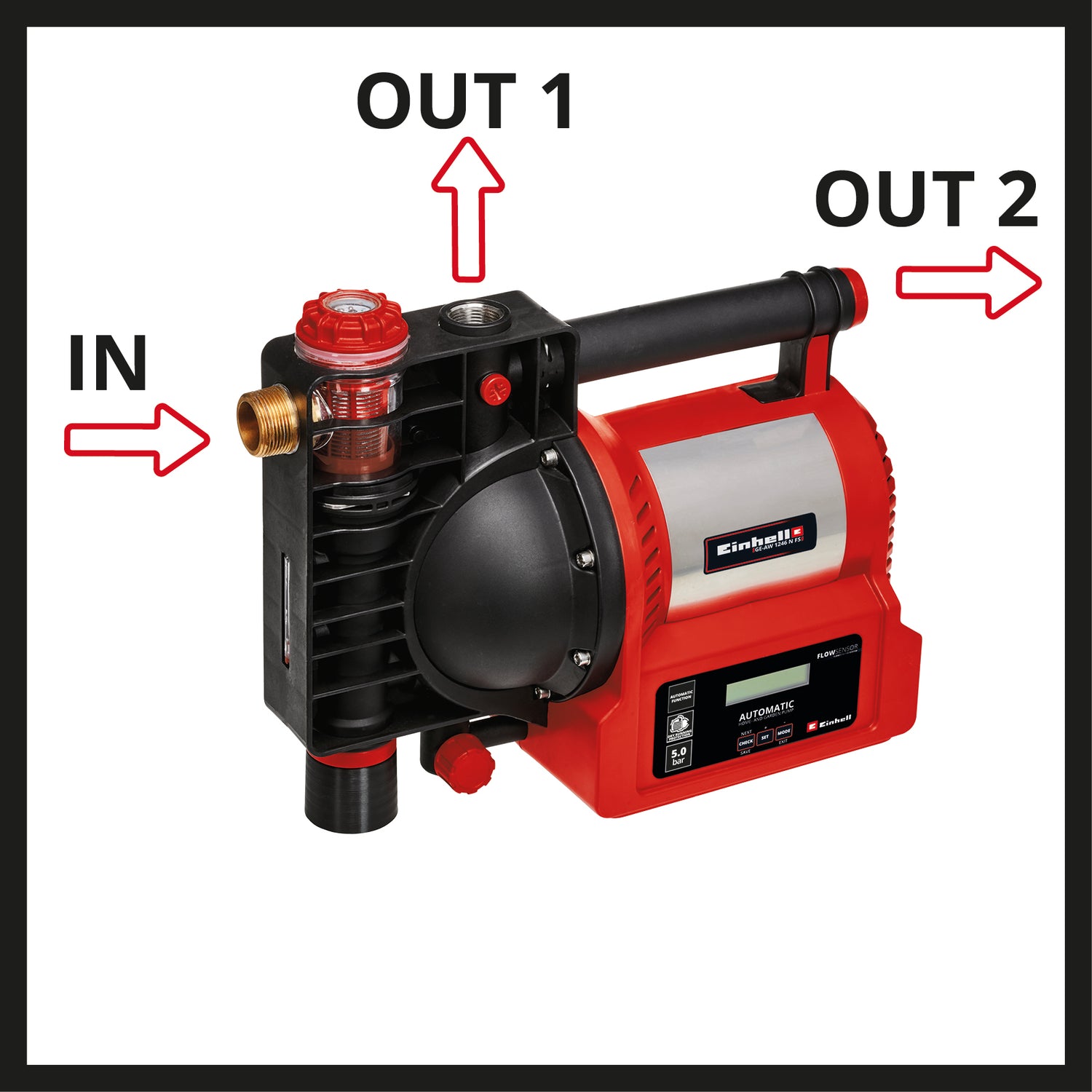 Pompa de apa menajera Einhell GE-AW 1246 N FS, 1.200 wati, indicator nivel apa, indicator murdarie/aspiratie, protectie la mers fara apa, protectie la oparire, prefiltru cu supapa de sens, senzor de debit