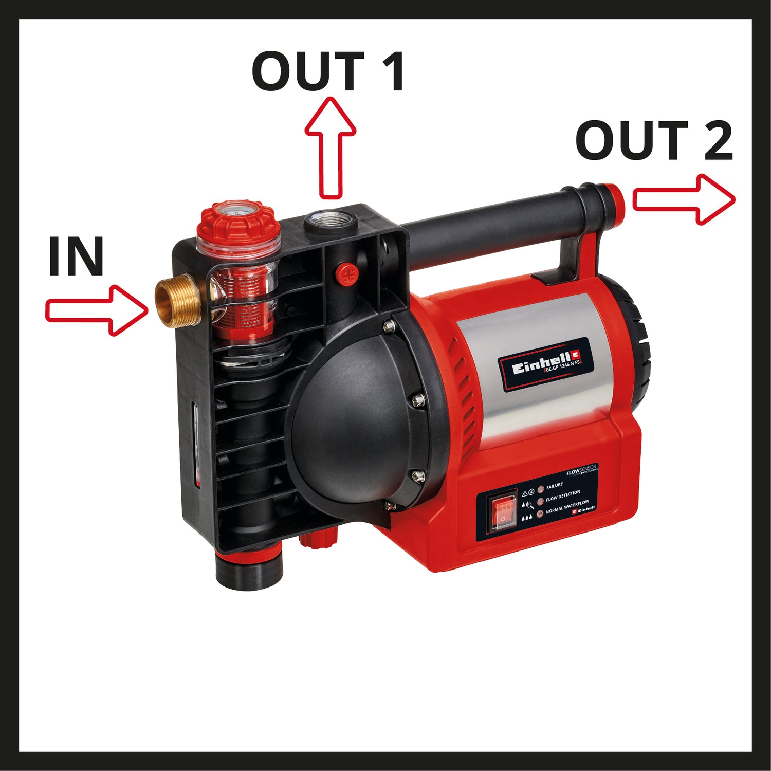 Pompa de gradina Einhell GE-GP 1246 N FS, 1.200 W, 4.600 l/h, indicator umplere cu apa/murdarie/aspiratie, protectie la mers fara apa/oparire/termica, senzor de debit cu LED