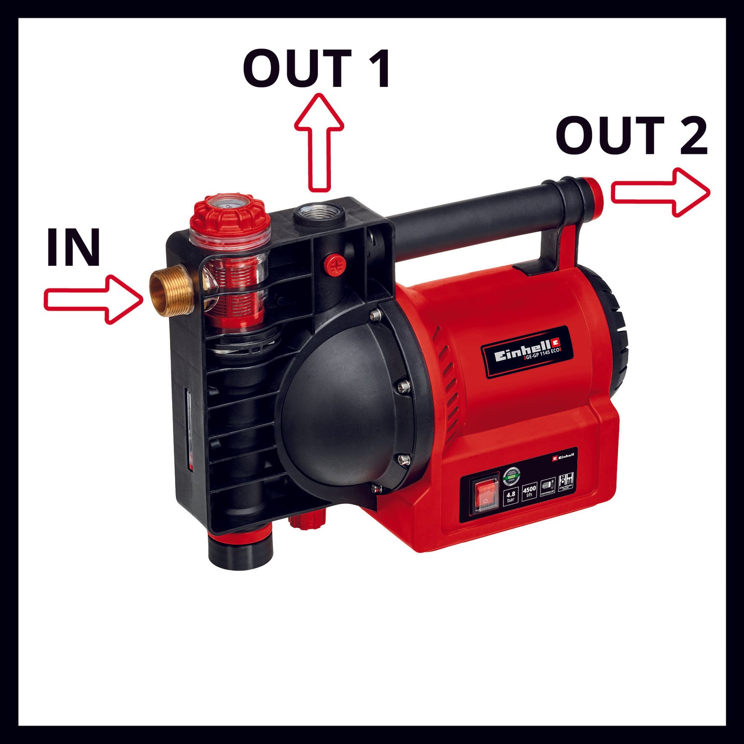 Pompa de gradina Einhell GE-GP 1145 ECO, 1.100 W, indicatori de umplere cu apa/murdarie/aspiratie, protectie termica/anti-inghet, surub de umplere cu apa, prefiltru cu supapa de sens unic