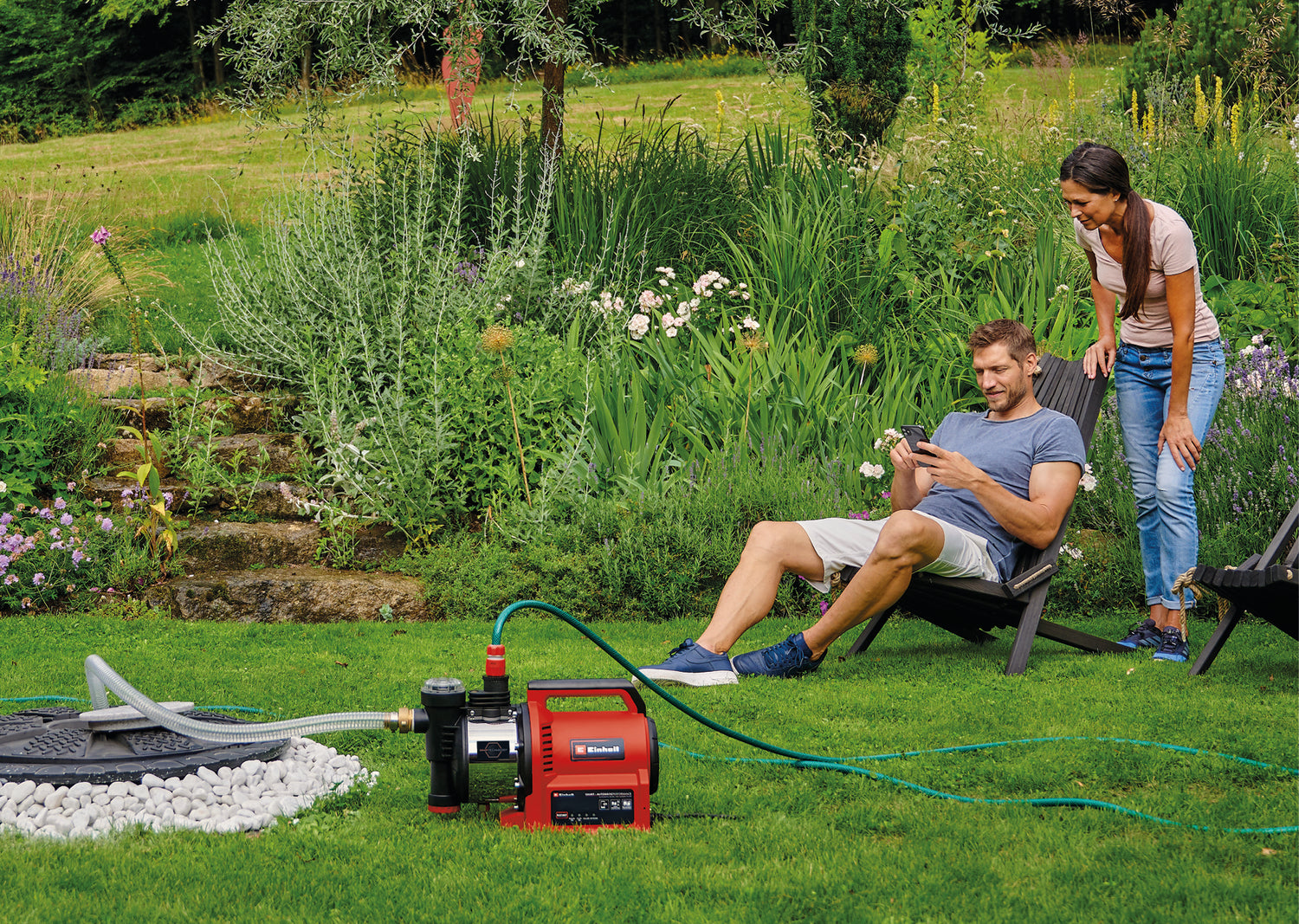 Pompa automata de gradina Einhell GE-AW 1144 SMART, control prin aplicatie, Irigare cu inteligenta artificiala + Date meteo, Debit 4400 l/h, inaltime de livrare maxima 48 m, Prefiltru