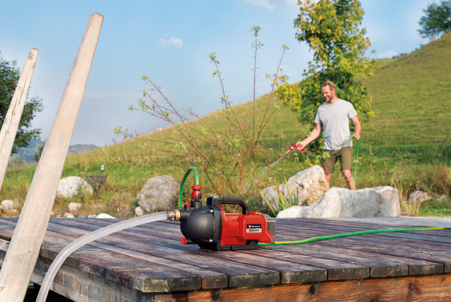 Pompa de gradina pe acumulator Einhell AQUINNA 36/30 Power X-Change, 2x 18 V, comutator ECO in 2 trepte, surub de umplere cu apa si surub de scurgere a apei, protectie termica, maner de transport