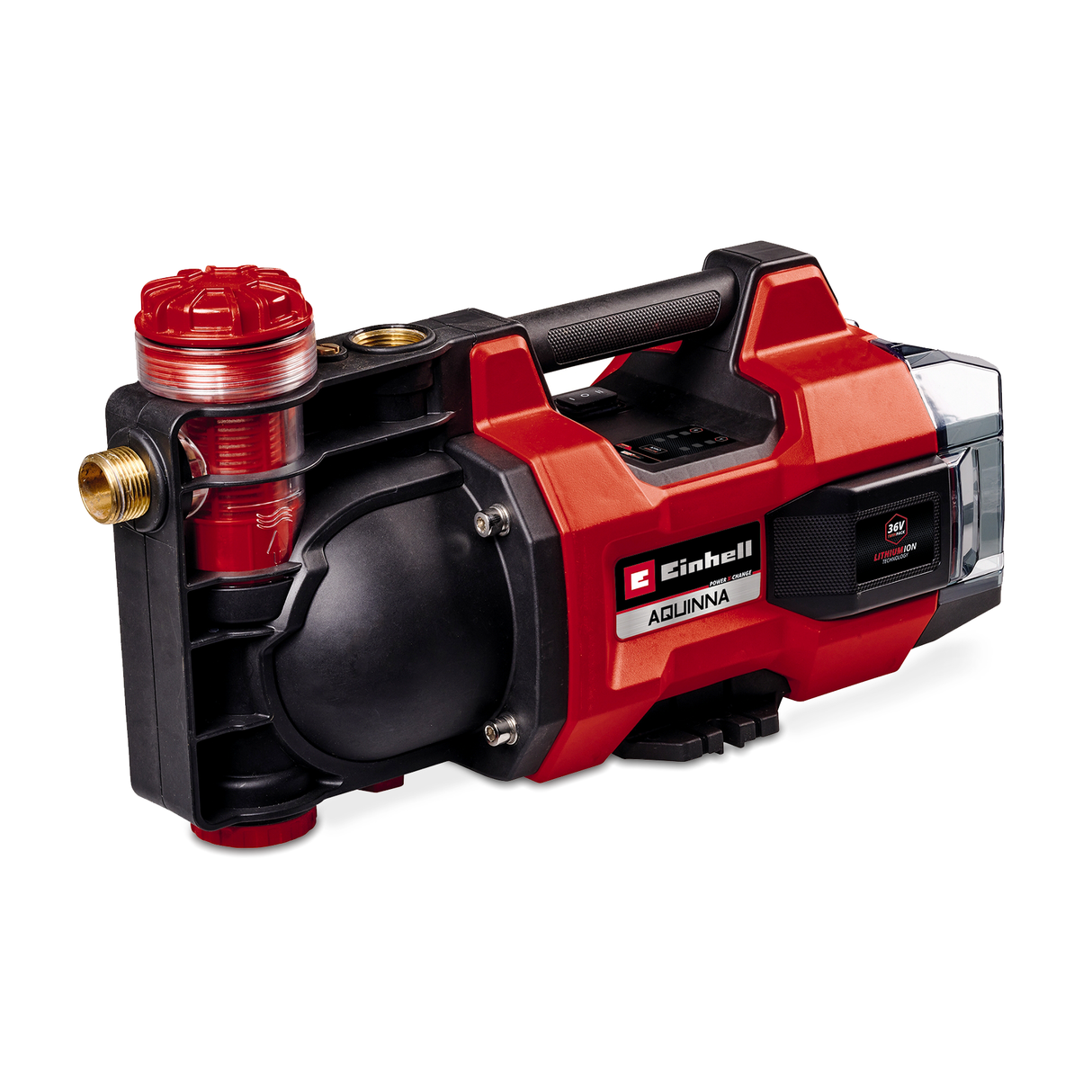 Pompa de gradina pe acumulator Einhell AQUINNA 36/38 F LED Power X-Change (36 V, debit max. 3.800 l/h, inaltime max. 37 m, mod ECO/BOOST, prefiltru, protectie la supraincarcare si inghet, fara acumulator