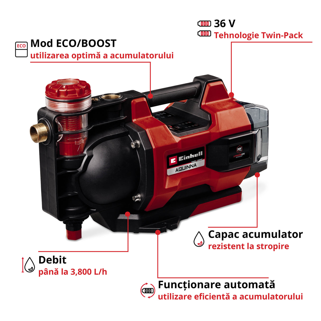 Pompa de gradina automata pe acumulator Einhell AQUINNA 36/38 F LED AUTOMATIC Power X-Change, 36 V, max. 3800 l/h, inaltime de livrare max. 37 m, functie automata, ECO/BOOST, prefiltru, fara acumulator