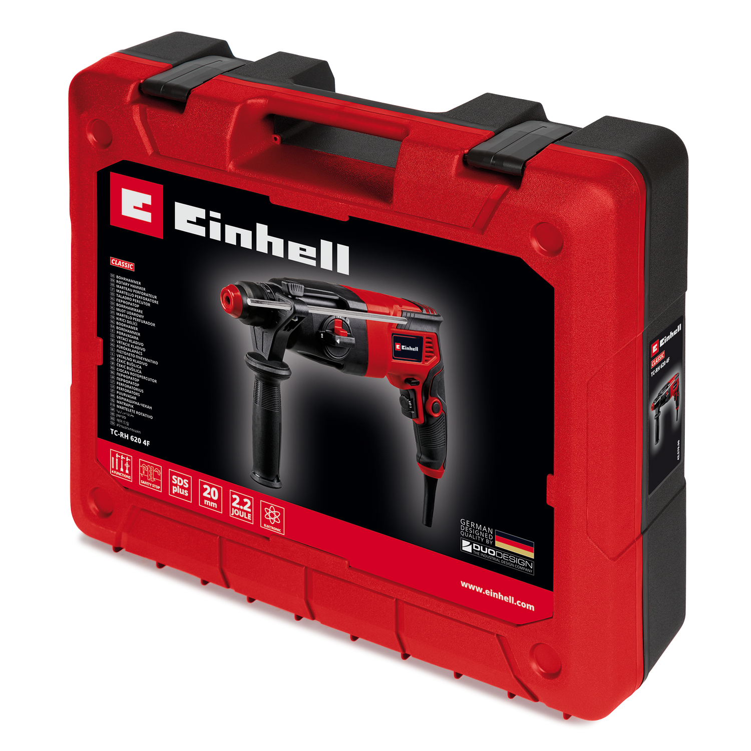Einhell TC-RH 620 4F fúrókalapács, 620 W, pneumatikus ütőszerkezet, ütési sebesség 5200 ford/perc, ütésállóság 2,2 J, ütvefúrás, fúrás, vésés befogással/befogás nélkül, SDS-Plus, zsákkal együtt