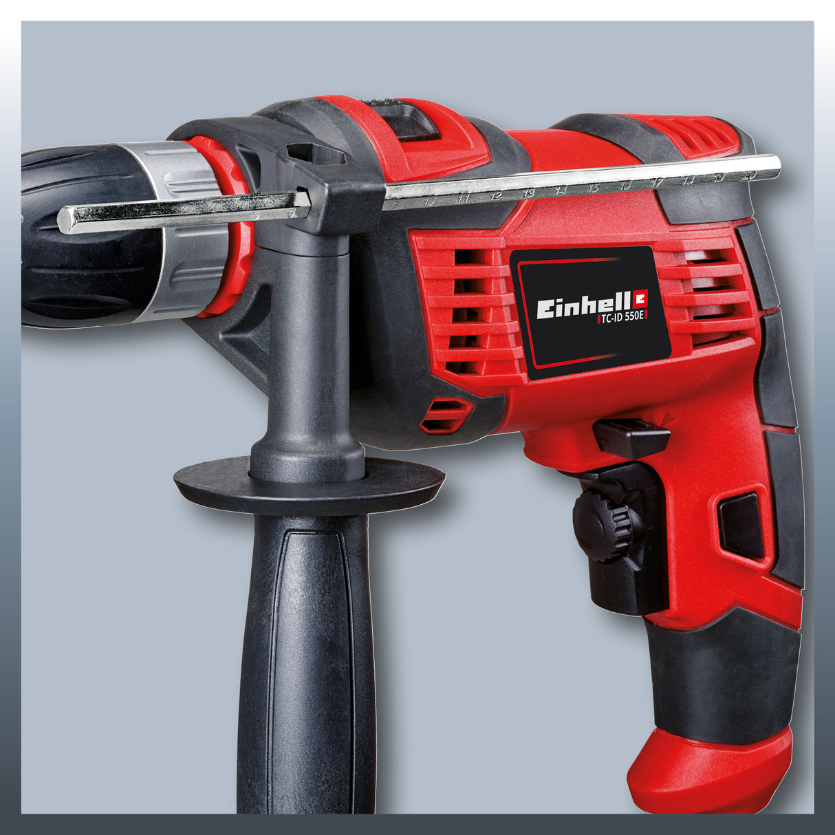 Masina de gaurit si insurubat (bormasina) cu impact Einhell TC-ID 550 E, 550 W, control electronic al vitezei, preselectare a vitezei, rotatie in ambele sensuri, opritor de adancime metalic, maner suplimentar