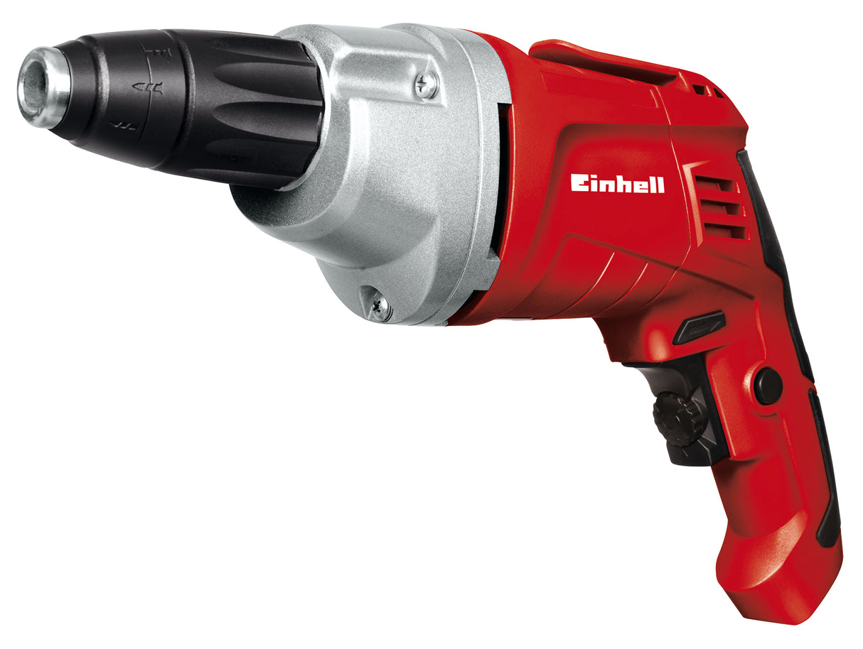 Masina de insurubat pentru gips-carton Einhell TH-DY 500 E, 230 V, 500 W, 0-2.200 1/min, actionare automata pornire-oprire, cap de transmisie din aluminiu, depozit magnetic pentru biti, carlig pentru curea