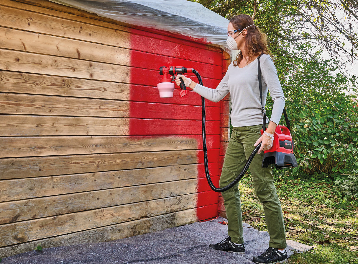 Pistol de vopsit  pe acumulator Einhell TE-SY 18/90 Li-Solo Power X-Change (18 V, debit 1000 ml/min, recipient 1200 ml, raport aer/vopsea reglabil, incl. accesorii, fara acumulator