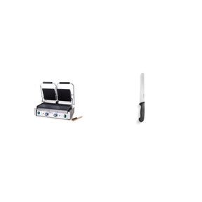 Contact grill dublu (striat/neted) + Cuțit pâine negru