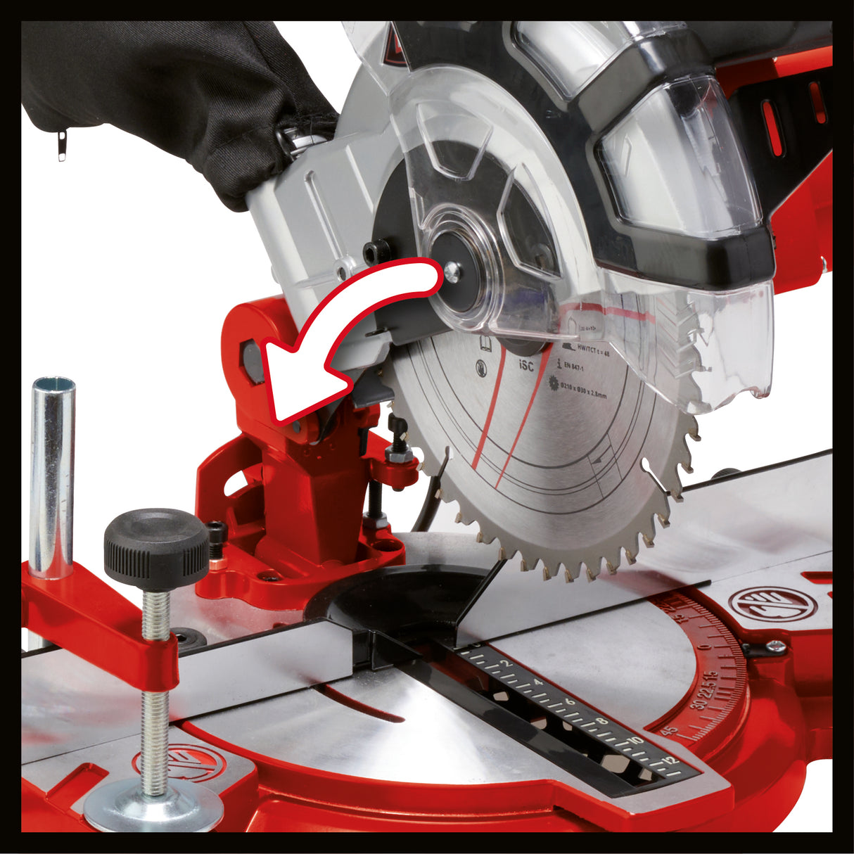 Fierastrau circular cu taiere transversala si unghiulara Einhell TC-MS 2112, max. 1.600 W, 5.000 rpm, lama de Fierastrau cu varf de carbura de inalta calitate, placa rotativa cu reglare a unghiului de 45° stanga/dreapta