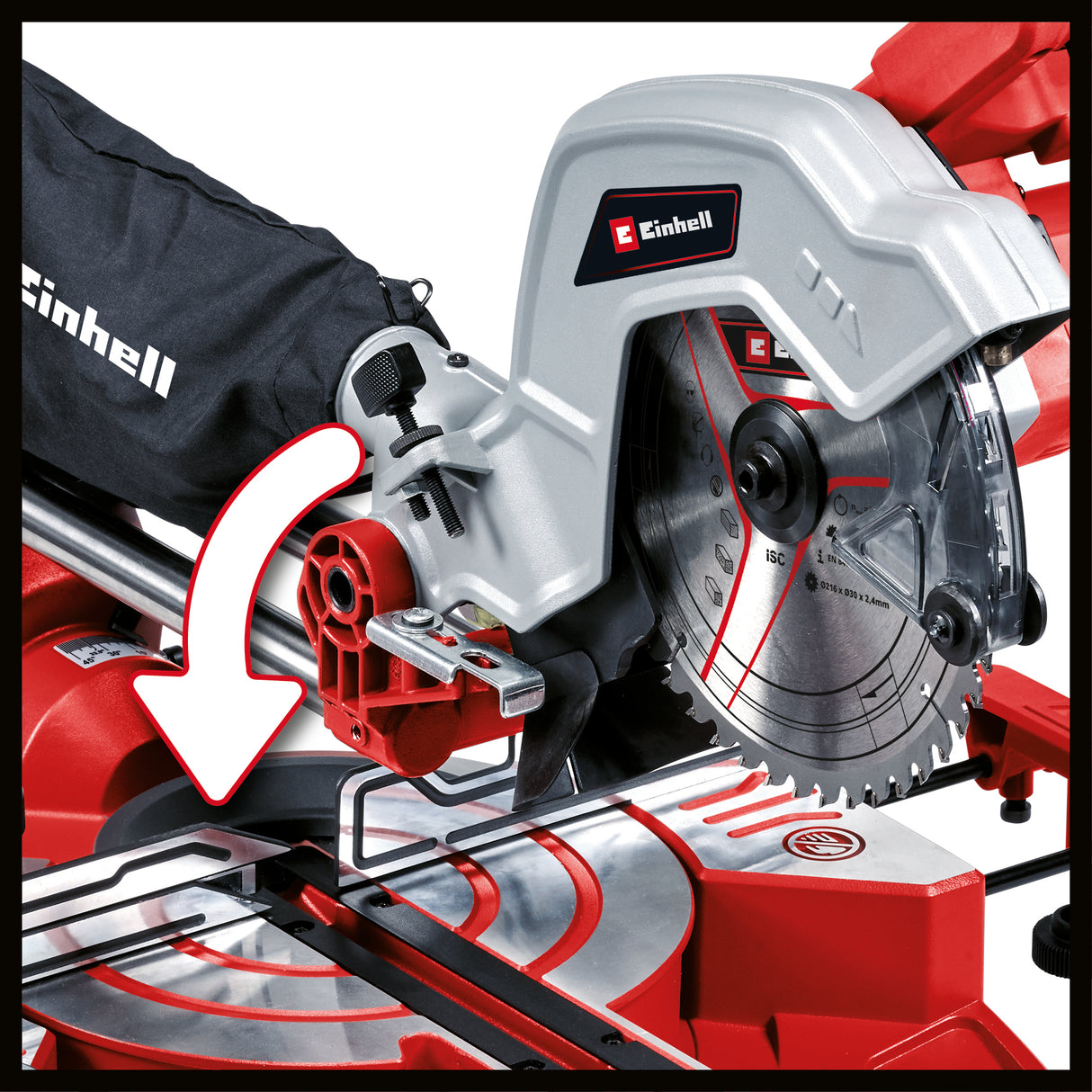 Einhell TC-SM 216 körfűrész vontatással, kereszt- és szögvágással, 1600 W, forgótányér gyorsbeállítással és reteszelő pozíciókkal, lézer, bal+jobb befogás, orsóretesz, keményfém fűrészlappal együtt