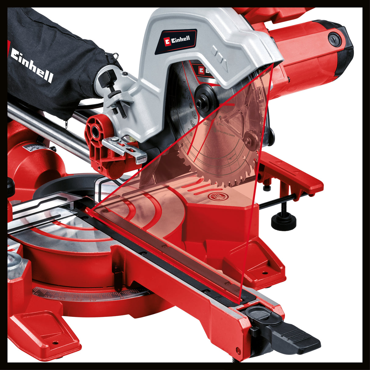 Einhell TC-SM 216 körfűrész vontatással, kereszt- és szögvágással, 1600 W, forgótányér gyorsbeállítással és reteszelő pozíciókkal, lézer, bal+jobb befogás, orsóretesz, keményfém fűrészlappal együtt