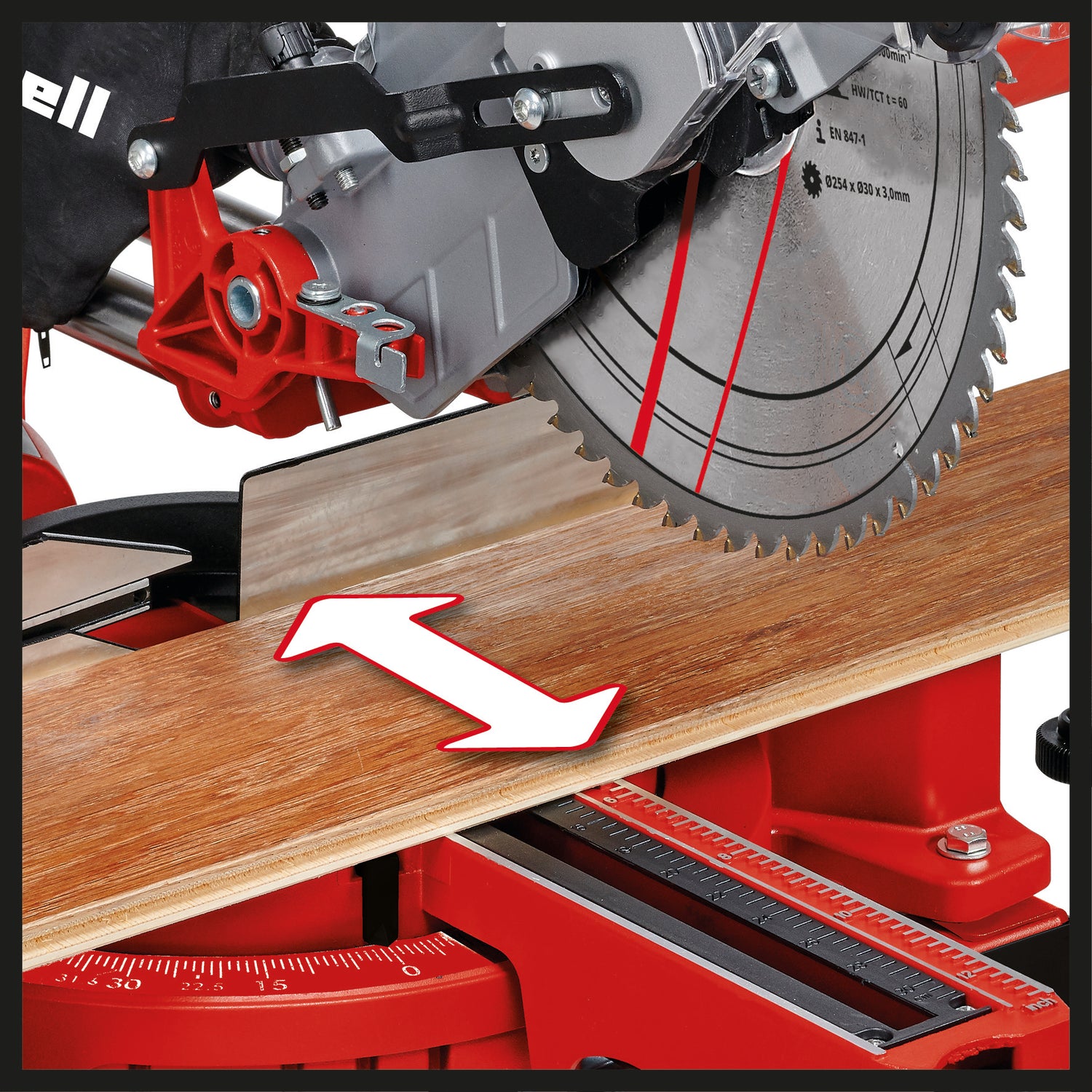 Einhell körfűrész TC-SM 2531/2 U, 1900 W, 4800 fordulat/perc, fűrészlap Ø254 x Ø30 mm, lézer, összecsukható fűrészfej, HM fűrészlappal együtt