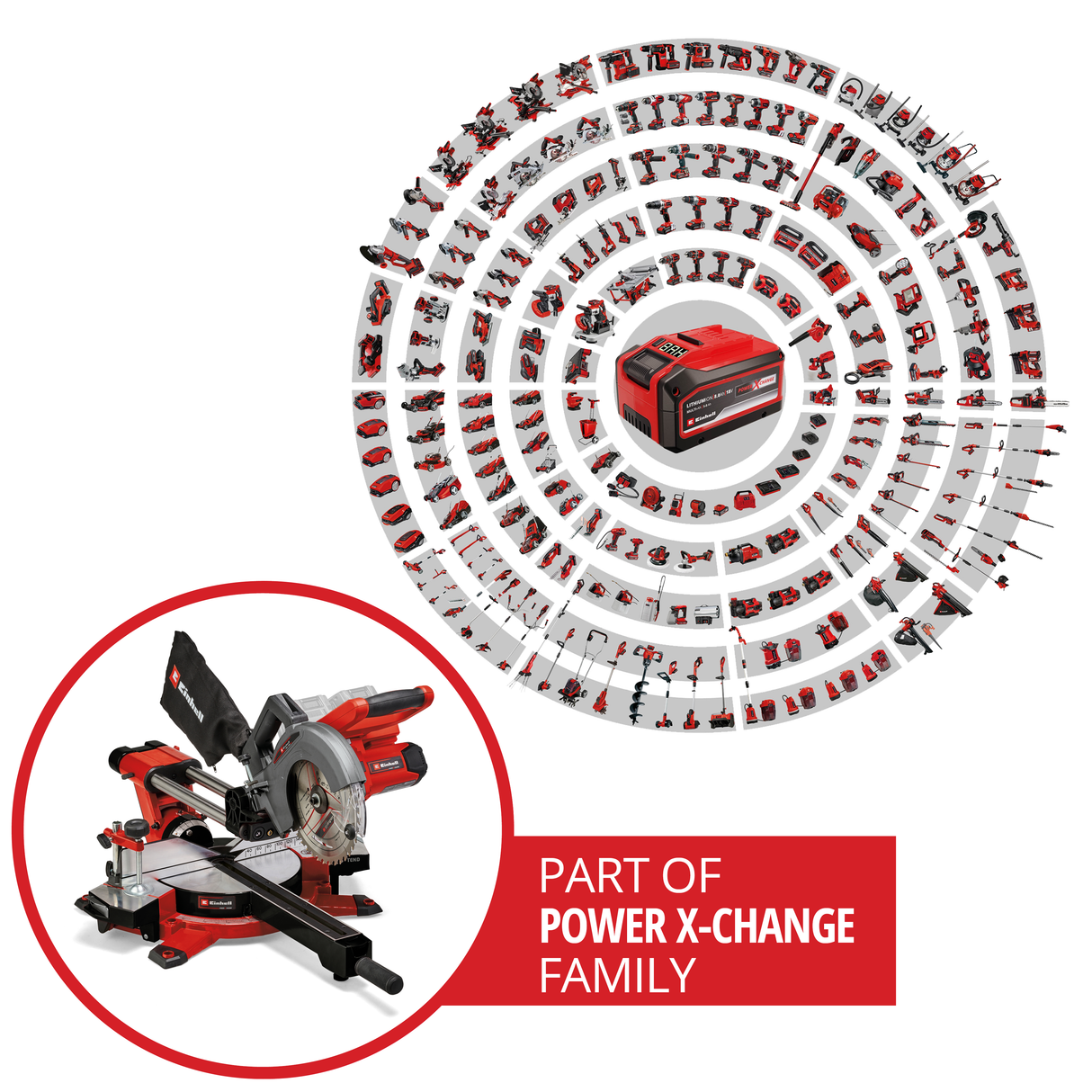 Einhell TE-SM 36/210 Li Solo Power X-Change akkus körfűrész, húzóerővel, kereszt- és szögvágáshoz, lítium-ion akkumulátorral, sima húzás funkcióval, vonallézerrel, akkumulátor és töltő nélkül szállítjuk.