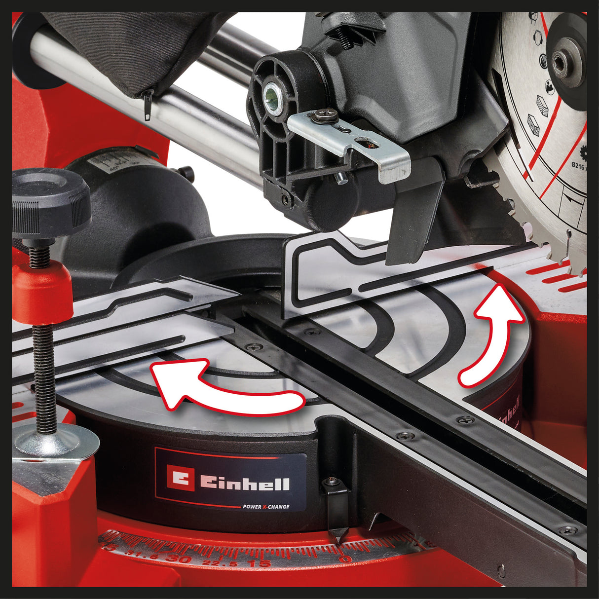 Fierastrau circular pe acumulatori Einhell TE-SM 36/8 L Li-Solo Power X-Change (36 V, lama de Fierastrau cu varf de carbura Ø 216, masa de Fierastrau rotativa, functie de glisare, laser cu linie de taiere, fara acumulator