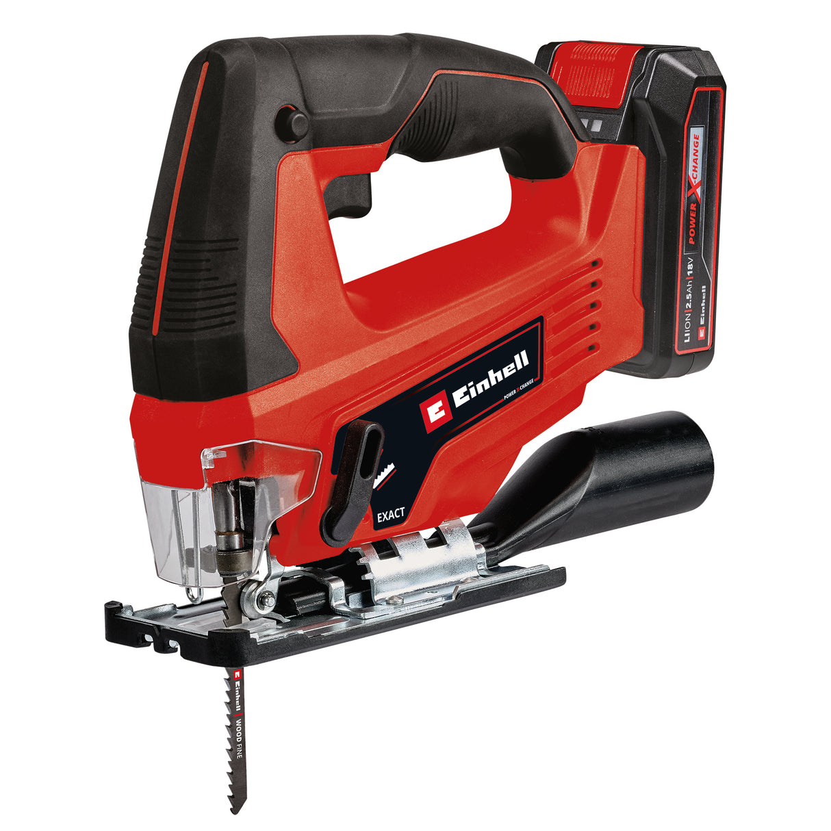 Fierastrau vertical pe acumulator Einhell TC-JS 18 Li (1x, 2, 5 Ah Power X-Change (Li-Ion, 18 V, functie de cursa a pendulului, adaptor de aspirare, inclusiv 1 acumulator de 2,5 Ah, dispozitiv de incarcare si geanta