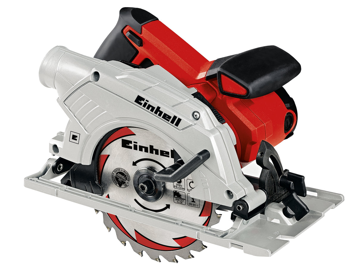 Einhell TE-CS 165 kézi körfűrész, 1200 W, alapjárati fordulatszám 5500 1/perc, maximális vágási átmérő 55 mm, puha markolat, párhuzamos ütköző, keményfém fűrészlappal együtt