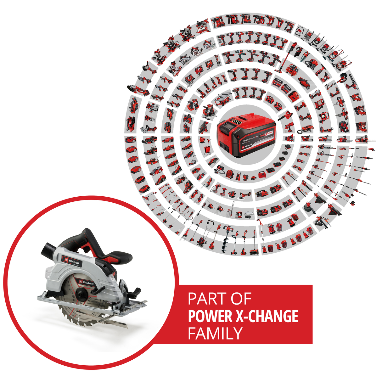 Fierastrau circular de mana pe acumulator Einhell TP-CS 18/190 Li BL-Solo Power X-Change (litiu-ion, 18 V, motor fara perii, lama Ø190 x Ø20 mm, reglare fara unelte, LED, masa de Fierastrau din aluminiu, fara acumulator si incarcator