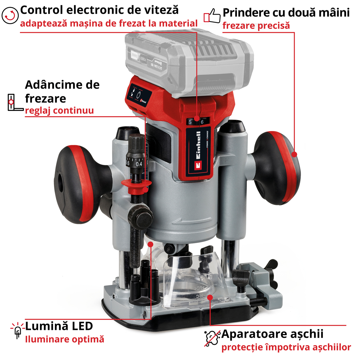 Freza multifuctionala pe acumulator Einhell Professional TP-RO 18 Set Li BL-Solo Power X-Change, 18 V, motor fara perii, reglare fina a adancimii de frezare, incl. accesorii + geanta, fara acumulator