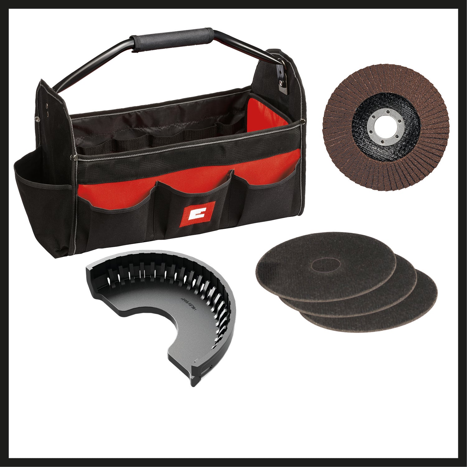 Einhell TC-AG 125/850 sarokcsiszoló készlet, 850 W, 12 000 perc-1, maximális vágási mélység 28 mm, maximális tárcsaátmérő 125 mm, 3 vágókoronggal, 1 csiszolókoronggal és 1 Einhell táskával