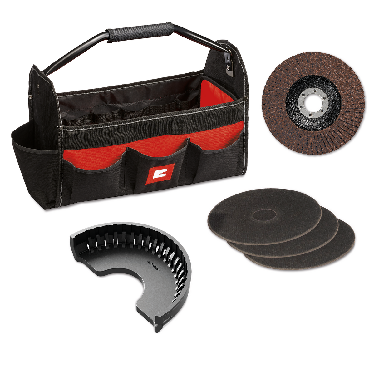 Einhell TC-AG 125/850 sarokcsiszoló készlet, 850 W, 12 000 perc-1, maximális vágási mélység 28 mm, maximális tárcsaátmérő 125 mm, 3 vágókoronggal, 1 csiszolókoronggal és 1 Einhell táskával