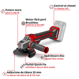 Polizor unghiular pe acumulator Einhell Professional TP-AG 18/125 CE Q Li Power X-Change, 18 V, 900 W, Ø 125 mm, adancime de taiere 33 mm, motor fara perii, electronica de viteza continua, fara disc de taiere sau acumulator