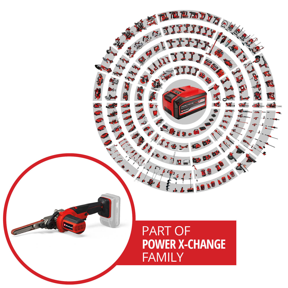 Einhell TE-BF 18 Li-Solo Power X-Change akkus szalagcsiszoló, 18 V, akár 1700 m/perc sebesség, 2 db 9 mm-es és 13 mm-es csiszolókar, 12 db csiszolószalaggal, akkumulátor nélkül
