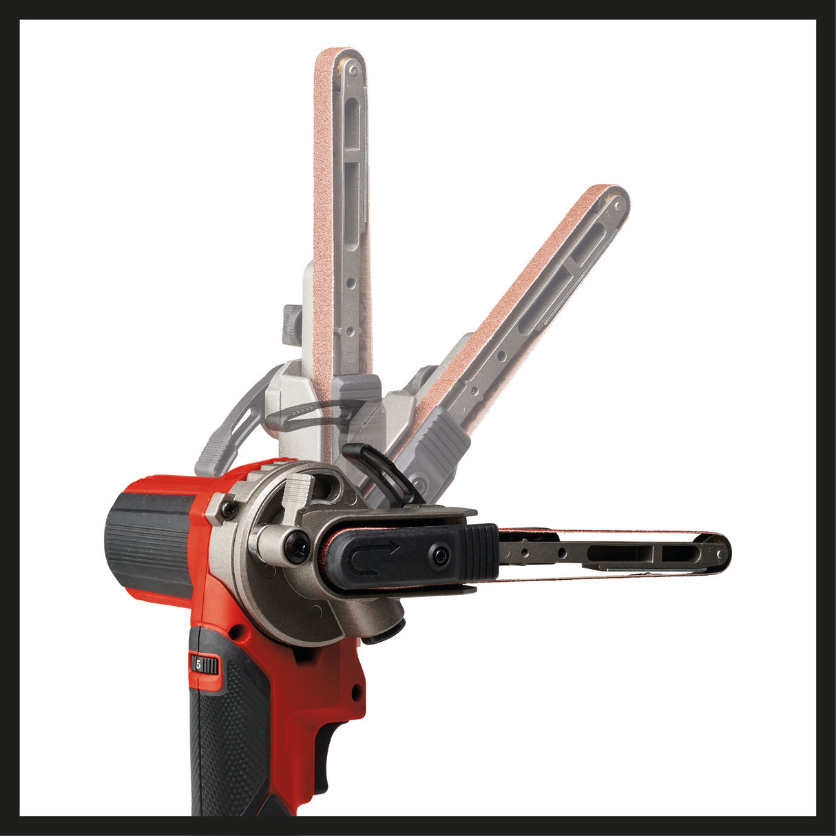 Einhell TE-BF 18 Li-Solo Power X-Change akkus szalagcsiszoló, 18 V, akár 1700 m/perc sebesség, 2 db 9 mm-es és 13 mm-es csiszolókar, 12 db csiszolószalaggal, akkumulátor nélkül