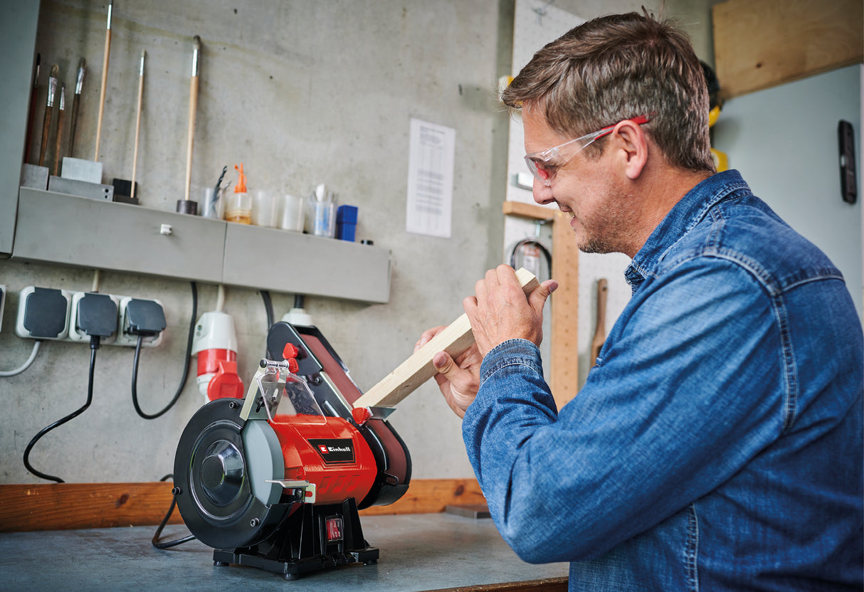 Einhell TC-US 350 függőleges szalagcsiszoló és csiszológép, 350 W, csiszolószalag és csiszolókorong funkció, védőburkolat, szikravédő ablak, durva csiszolókorong + csiszolószalag/csiszolókorong