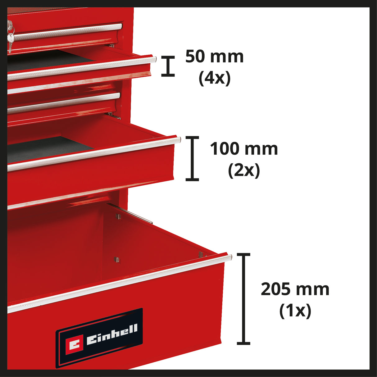 Carucior de scule Einhell TC-TW 150, capacitate maxima de incarcare de 150 kg, 7 sertare complet extensibile montate pe rulmenti, 4 roti mari cu rulare lina, sistem de blocare