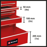Carucior de scule Einhell TC-TW 150, capacitate maxima de incarcare de 150 kg, 7 sertare complet extensibile montate pe rulmenti, 4 roti mari cu rulare lina, sistem de blocare