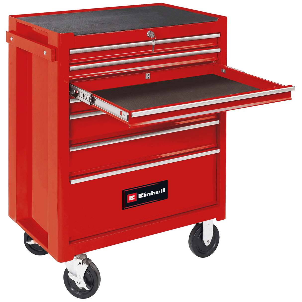 Carucior de scule Einhell TC-TW 150, capacitate maxima de incarcare de 150 kg, 7 sertare complet extensibile montate pe rulmenti, 4 roti mari cu rulare lina, sistem de blocare