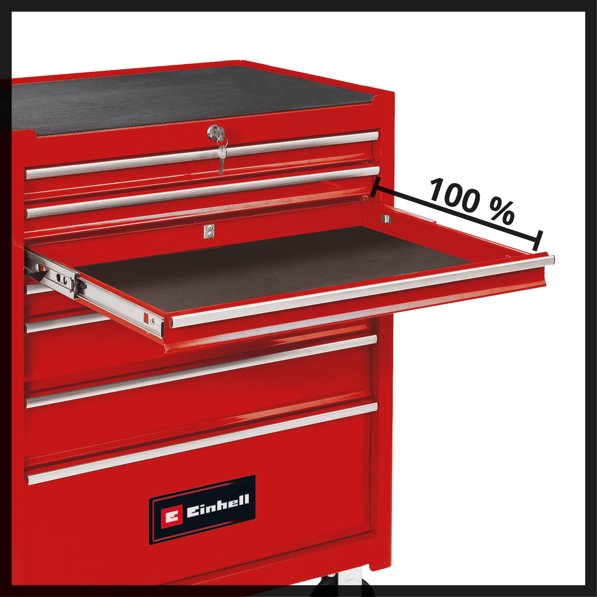 Carucior de scule Einhell TC-TW 150, capacitate maxima de incarcare de 150 kg, 7 sertare complet extensibile montate pe rulmenti, 4 roti mari cu rulare lina, sistem de blocare