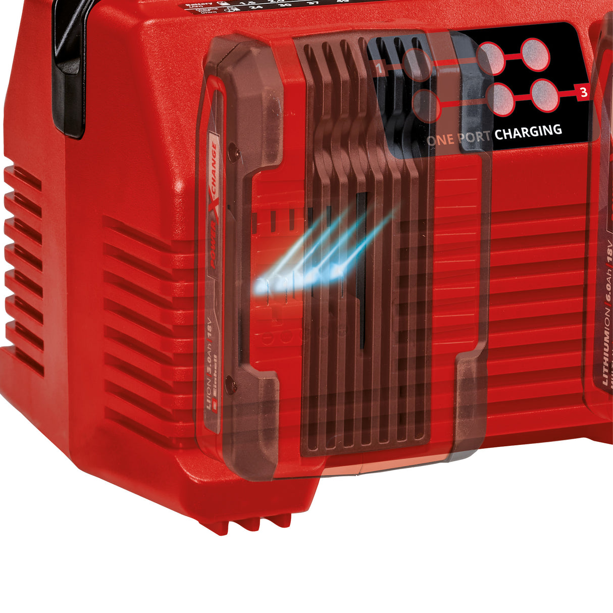 Eredeti Einhell Power X-Quattrocharger 4A Power X-Change akkumulátortöltő, Li-ion, 18 V, 2x2 akkumulátor egyidejű töltése, akkumulátorfigyelés + intelligens töltéskezelés, LED állapotjelző 6 LED-del