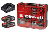 Set masina de gaurit si insurubat (bormasina) pe acumulator Einhell TE-CD 18/40 Li +69, 2x2.0 Ah PXC li-ion, 2 viteze, 40 Nm, incl. 2x baterii reincarcabile + incarcator, geanta + set de accesorii 69 piese