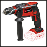 Masina de gaurit si insurubat cu percutie pe acumulator Einhell TE-ID 18 Li-Solo Power X-Change, Li-Ion, 18 V, functie de gaurire si gaurire cu impact, capacitate maxima de gaurire in beton de 13 mm, mandrina rapida de 13 mm, fara baterie si incarcator