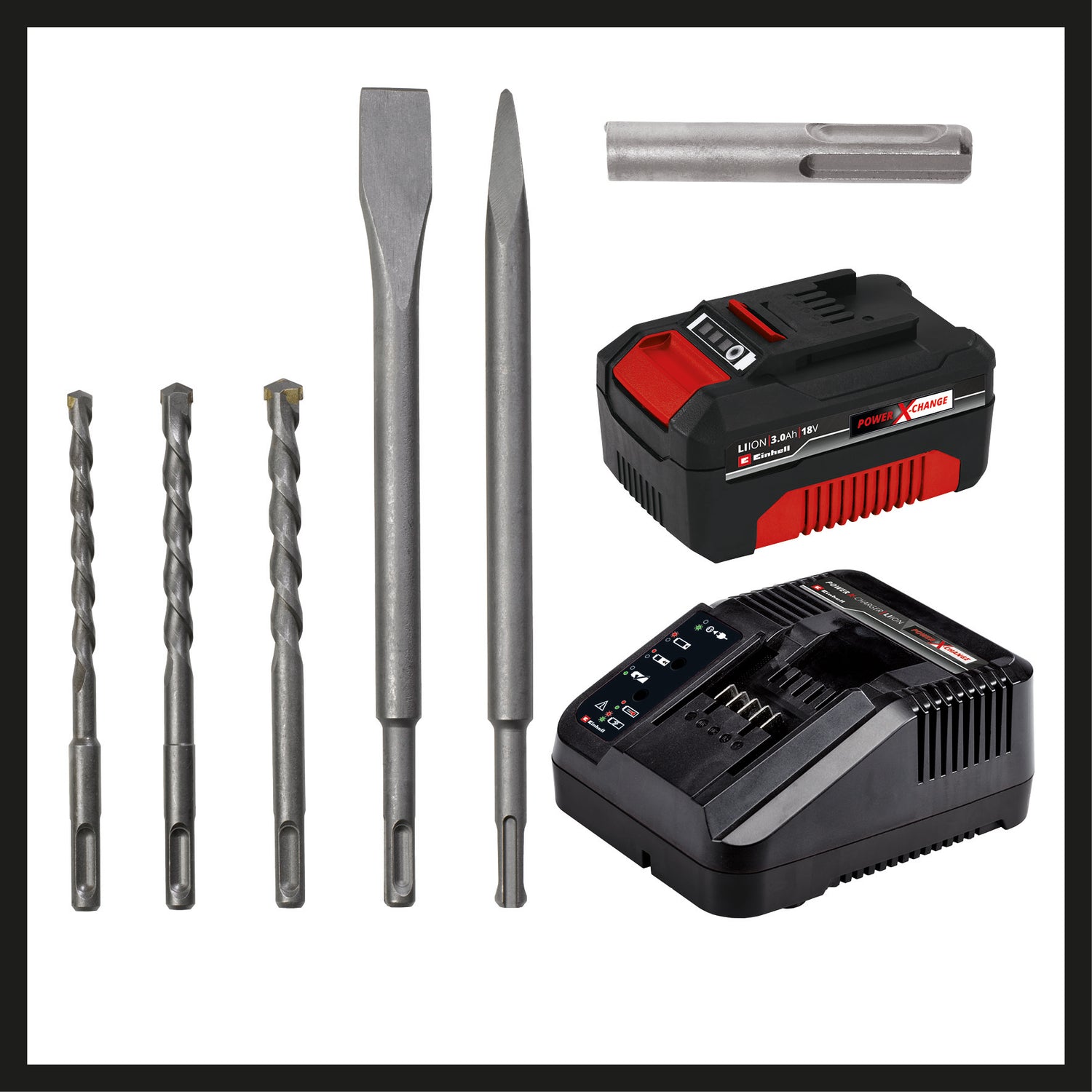 Einhell HEROCCO +5 akkus fúrókalapács, 1 x 3.0 AH Power X-Change Li-ion, 18V, 2.2 joule, 18 Nm, SDS Plus, 3.0 Ah akkumulátorral, töltővel, 3 fúróval, laposvésővel, éles vésővel, E-dobozzal együtt