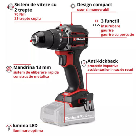 Masina de gaurit cu percutie pe acumulator Einhell Professional TP-CD 18/70-C Li-i BL - Solo Power X-Change,18 V, brushless, 70 Nm, anti-kickback, mandrina 13 mm, 2 viteze, fara baterie - imagine 3