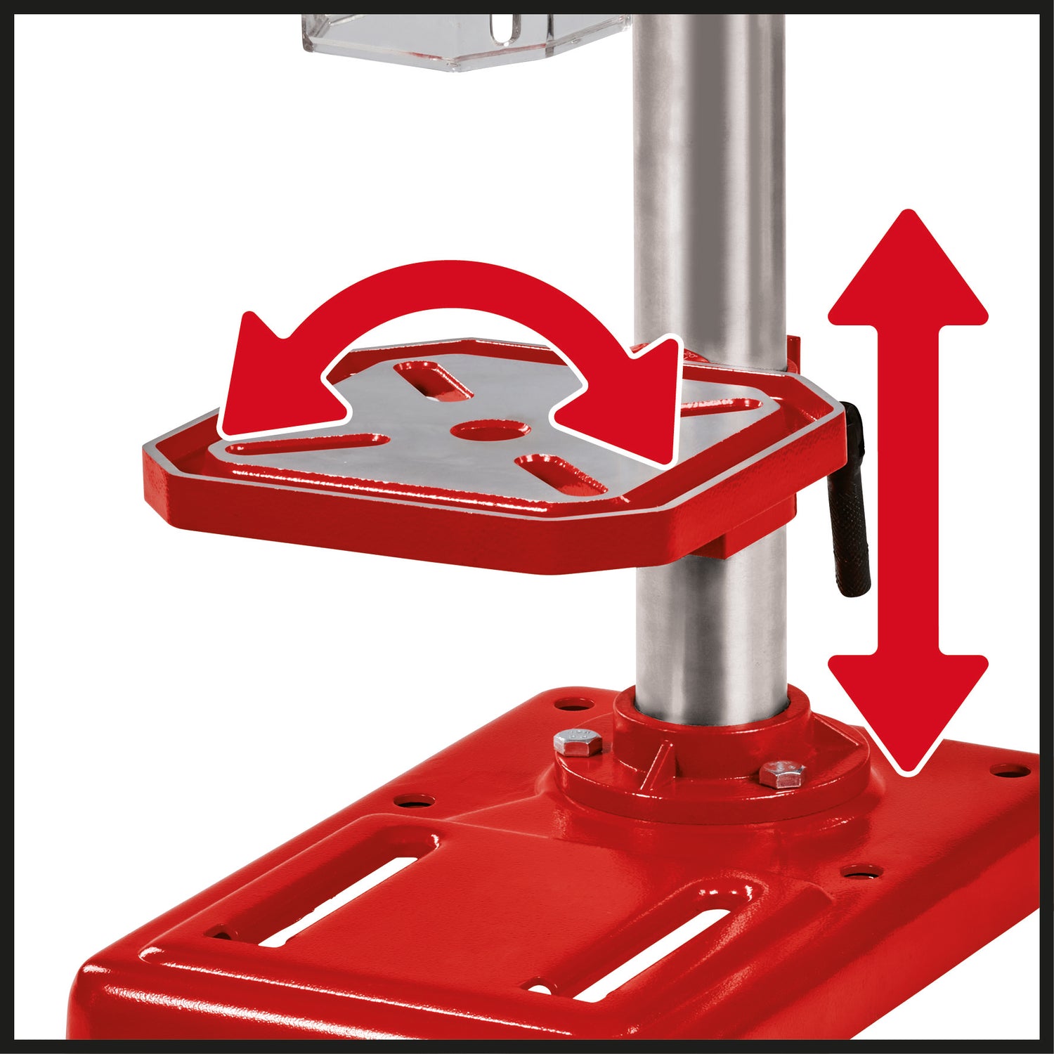 Masina de gaurit Einhell TC-BD 500, 500 W, pana la 2410 rpm, 9 setari de viteza, adancime maxima de gaurire 50 mm, opritor de adancime reglabil, masa de gaurit cu inclinare/rotire si reglare pe inaltime