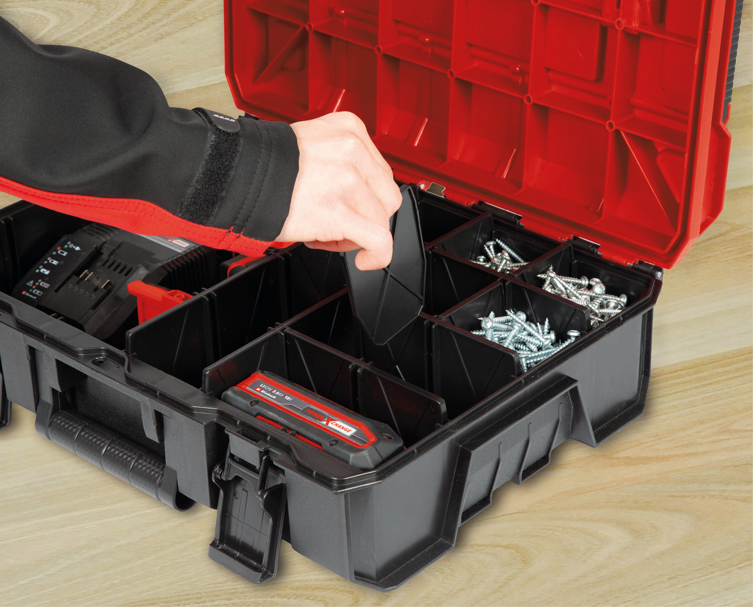 Set 9 piese compartimentare din plastic Einhell, accesoriu E-Case, utilizare flexibila, posibilitate de insertie din spuma
