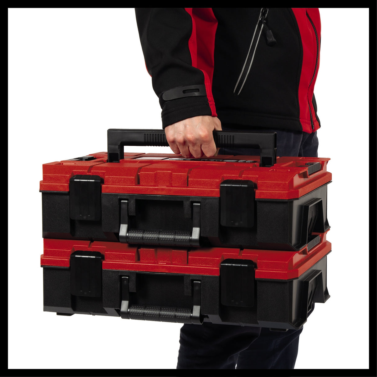 Cutia de sistem Einhell E-Case S-F (pentru depozitarea universala, dimensiuni externe 44x32x13 cm, max. 25 kg incarcatura, rezistenta la stropire, stivuibila, inclusiv insertie de spuma cu grilaj)