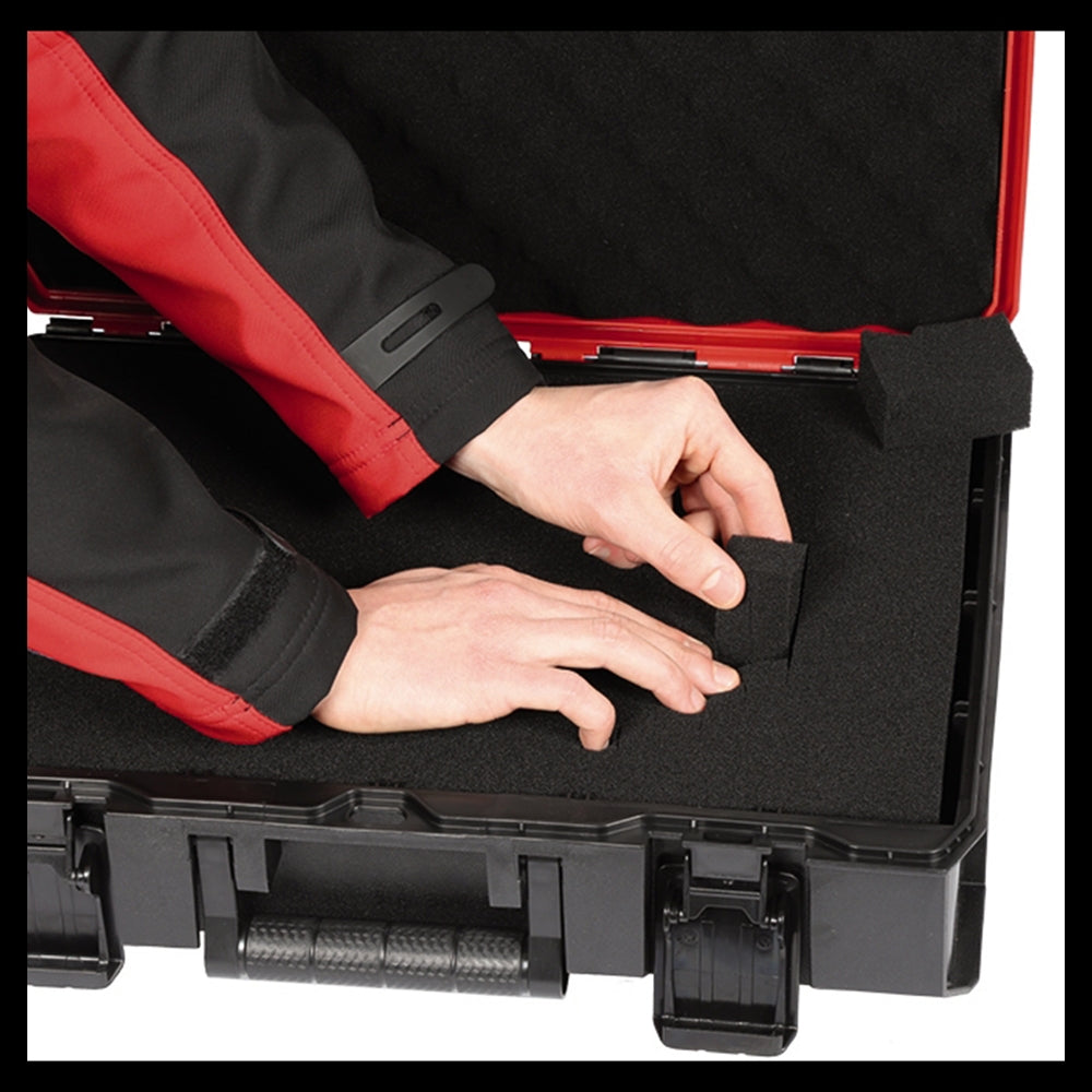 Cutia de sistem Einhell E-Case S-F (pentru depozitarea universala, dimensiuni externe 44x32x13 cm, max. 25 kg incarcatura, rezistenta la stropire, stivuibila, inclusiv insertie de spuma cu grilaj)