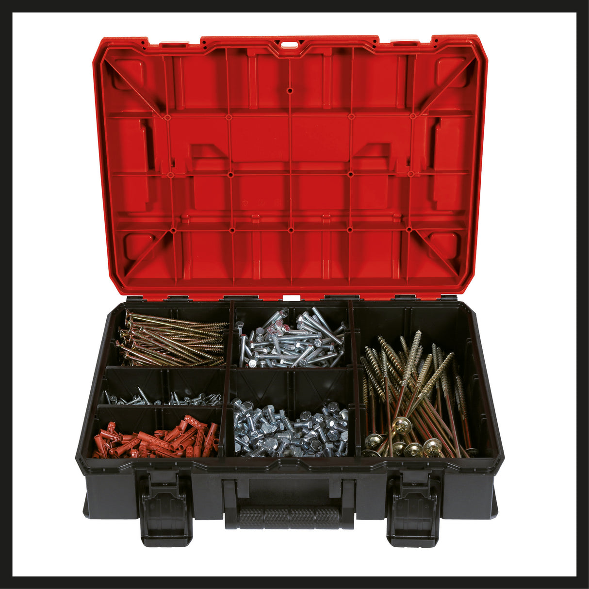 Cutia de sistem Einhell E-Case S-F (pentru depozitarea universala, dimensiuni externe 44x32x13 cm, max. 25 kg incarcatura, rezistenta la stropire, stivuibila, inclusiv insertie de spuma cu grilaj)