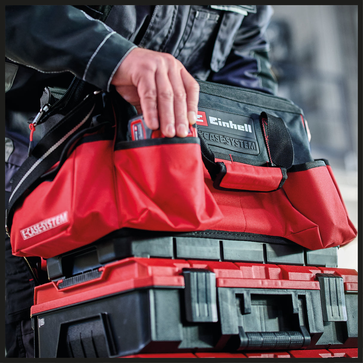 Geanta originala Einhell E-Case, maxim 30 kg, stivuibila, cu inchidere, poate fi combinata cu sistemul Einhell E-Case, depozitare si transport scule si accesorii